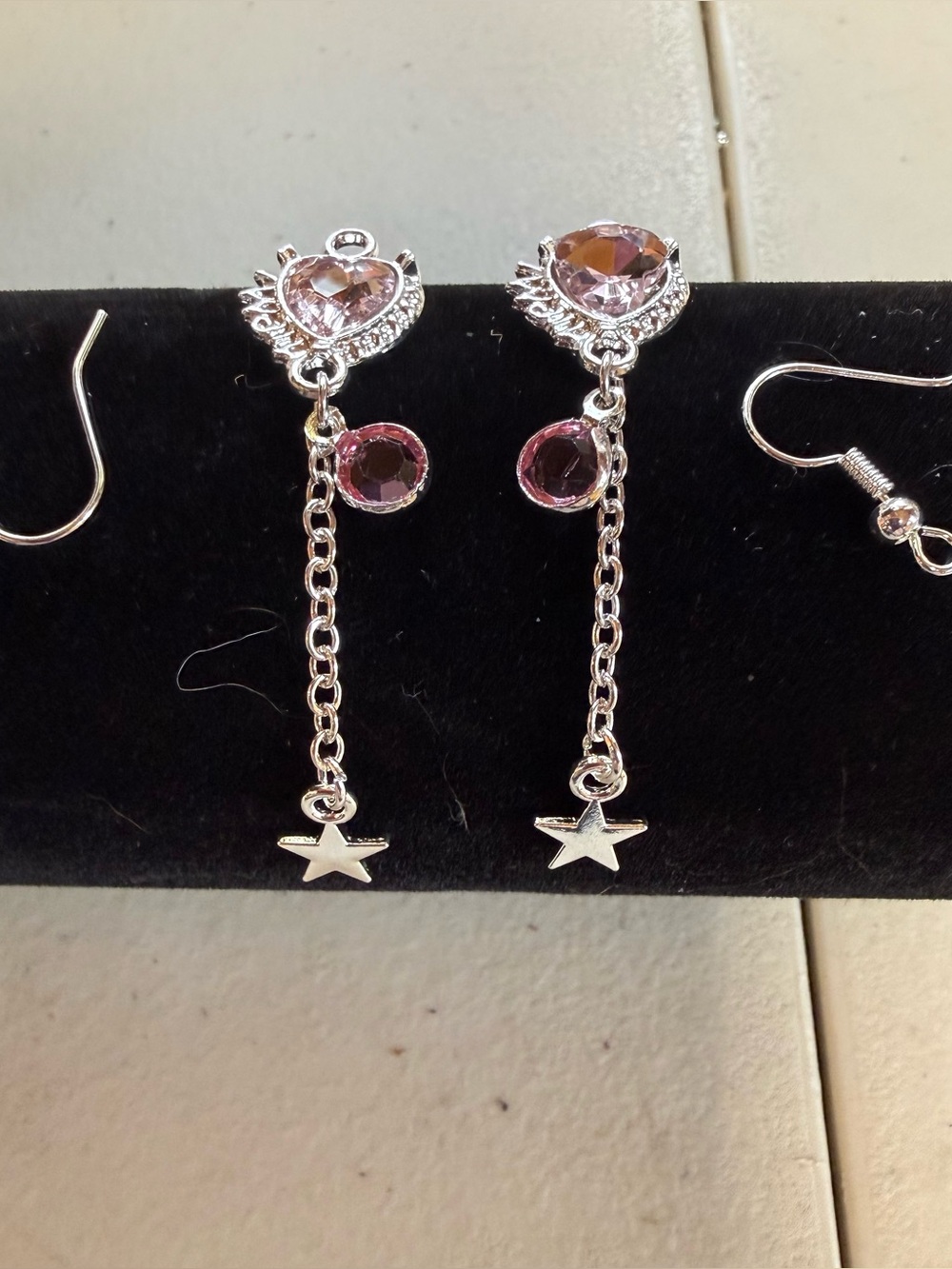 Silver Tone Pink Crystal Dangle Earrings with Star Charm